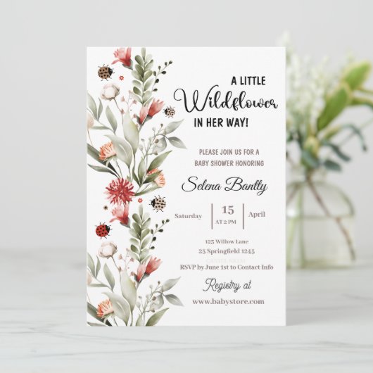 小さな野生の花の赤ん坊の女の子シャワーレディバグ 招待状 (スタンド正面)