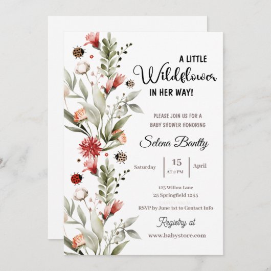 小さな野生の花の赤ん坊の女の子シャワーレディバグ 招待状 (正面/裏面)