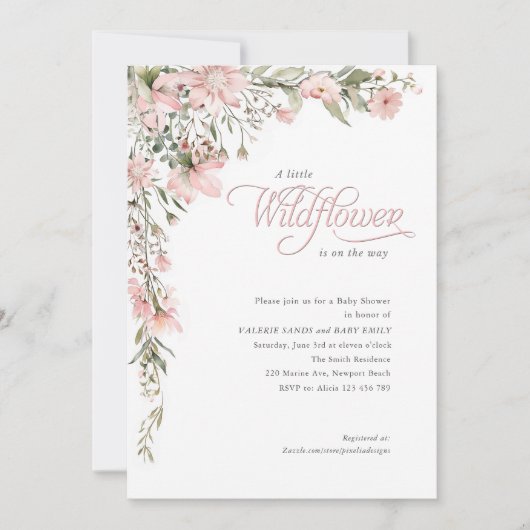 小さな野生の花ピンクのフローラ赤ちゃん女の子シャワー 招待状 (正面)