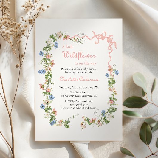小さな野生の花ピンクの弓のベビーガールの赤ちゃんシャワー 招待状