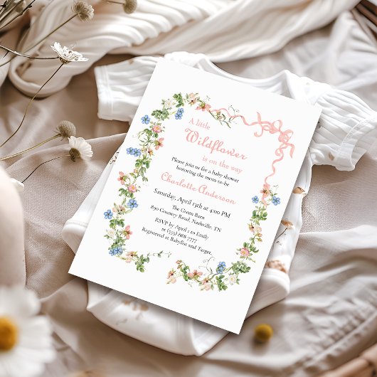 小さな野生の花ピンクの弓のベビーガールの赤ちゃんシャワー 招待状