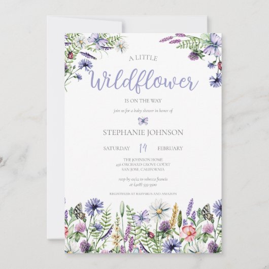 小さな野生の花ラベンダーのフローラの赤ちゃんシャワー 招待状 (正面)