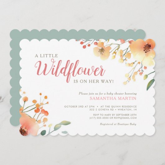小さな野生の花boho水の色の赤ちゃんシャワー 招待状 (正面/裏面)