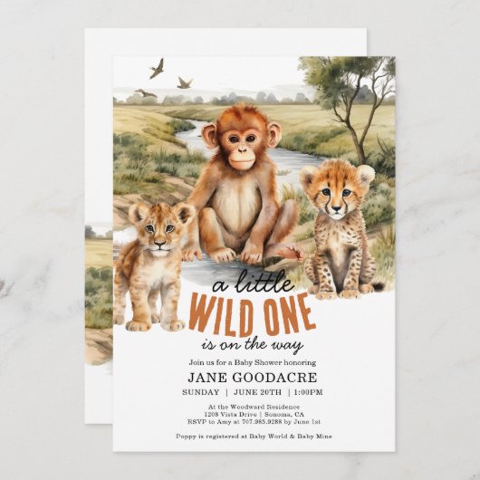 小さな野生の1つのサファリ動物の赤ちゃんシャワー 招待状 (正面/裏面)