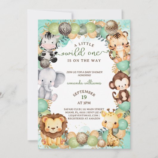 小さな野生の1つのサファリ動物の赤ちゃんシャワー 招待状 (正面)