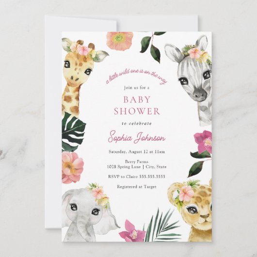 小さな野生の1つのジャングルの女の子の赤ちゃんシャワー 招待状 (正面)
