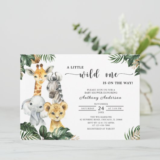 小さな野生の1つのジャングル動物の赤ちゃんシャワー 招待状 (スタンド正面)