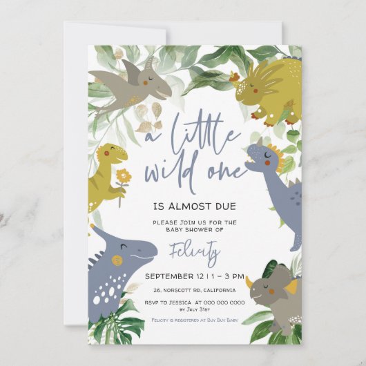 小さな野生の1つの恐竜トレックス赤ちゃんシャワー 招待状 (正面)