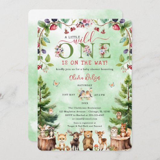 小さな野生の1つの森林動物の赤ちゃんシャワー 招待状 (正面/裏面)