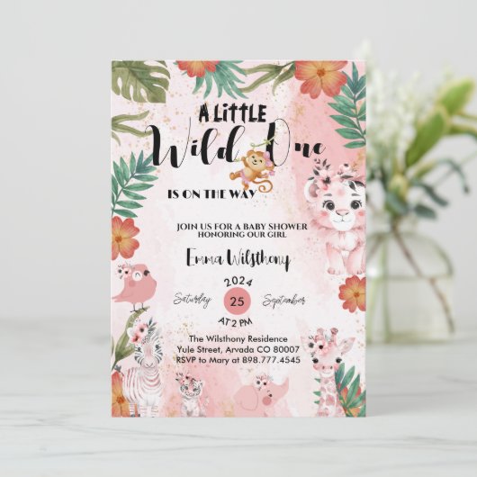 小さな野生の1サファリの女の子ピンクの赤ちゃんシャワー 招待状 (スタンド正面)