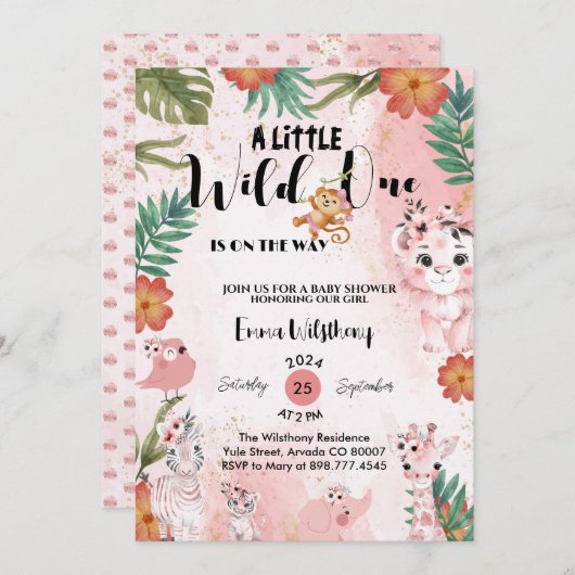小さな野生の1サファリの女の子ピンクの赤ちゃんシャワー 招待状 (正面/裏面)