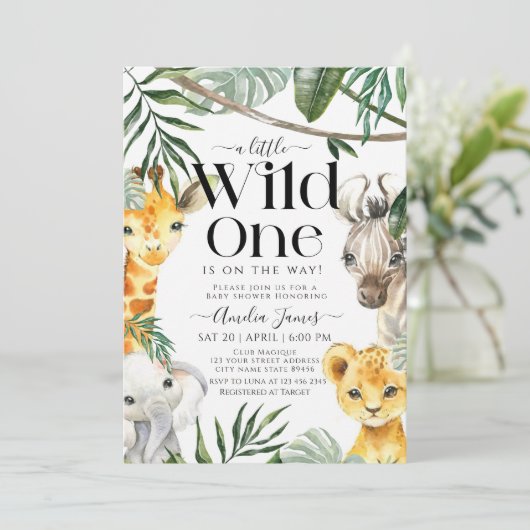 小さな野生の1サファリジャングル動物の赤ちゃんシャワー 招待状 (スタンド正面)