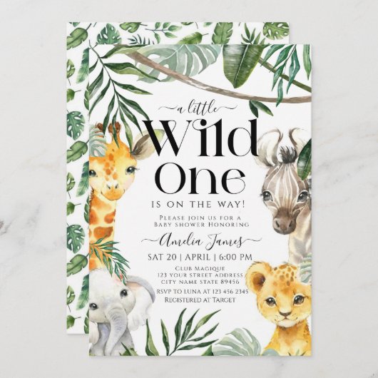 小さな野生の1サファリジャングル動物の赤ちゃんシャワー 招待状 (正面/裏面)