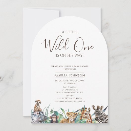 小さな野生の1サファリベイビーシャワーをアーチ 招待状 (正面)