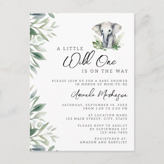 小さな野生の1サファリ象の赤ちゃんシャワー ポストカード (正面)