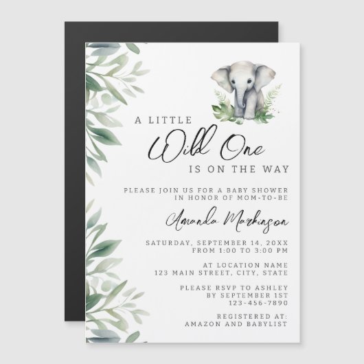 小さな野生の1サファリ象の赤ちゃんシャワー マグネット招待状 (正面/裏面)