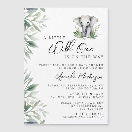 小さな野生の1サファリ象の赤ちゃんシャワー マグネット招待状 (正面)