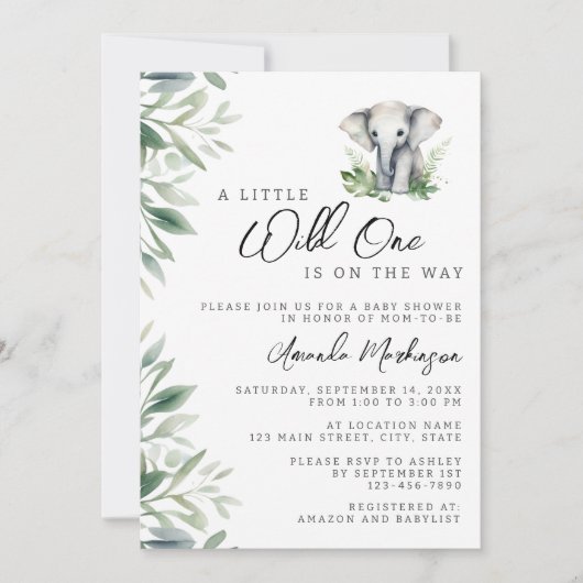 小さな野生の1サファリ象の赤ちゃんシャワー 招待状 (正面)