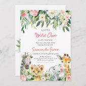 小さな野生の1女の子ジャングル赤ちゃんシャワー 招待状 (正面/裏面)