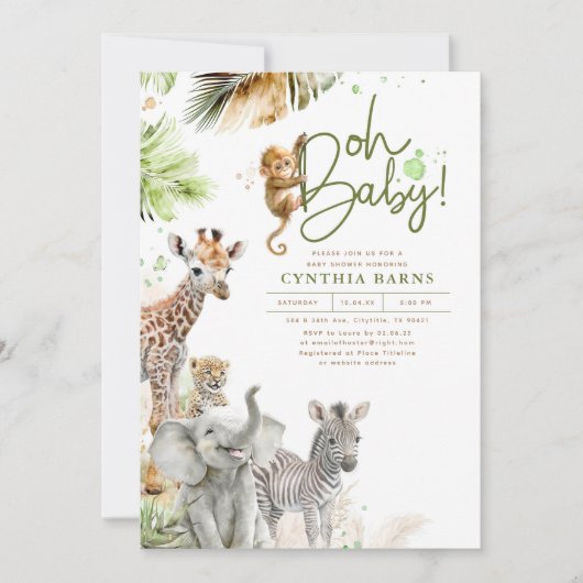 小さな野生動物ジャングルサファリかわいい赤ちゃんシャワー 招待状 (正面)