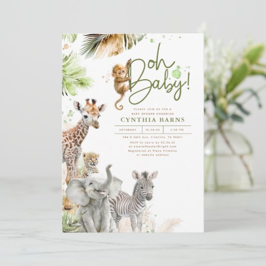 小さな野生動物ジャングルサファリかわいい赤ちゃんシャワー 招待状 (スタンド正面)