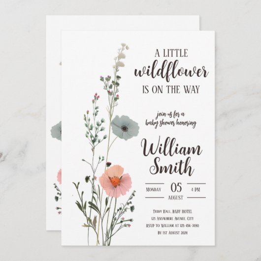 小さな野花が途中にある – 編集可能ベビー 招待状 (正面/裏面)