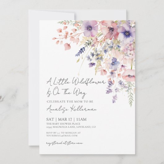 小さな野花のフローラ女の子の赤ちゃんシャワー 招待状 (正面)