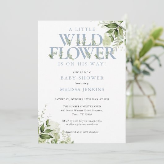 小さな野花の緑の青い少年の赤ちゃんシャワー 招待状 (スタンド正面)