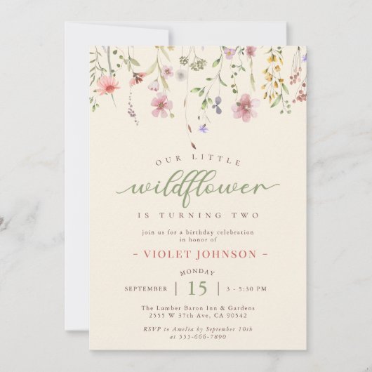小さな野花の花2番目の誕生日 招待状 (正面)