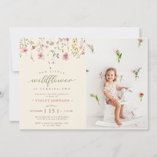 小さな野花の花2nd誕生日の写真 招待状 (正面)