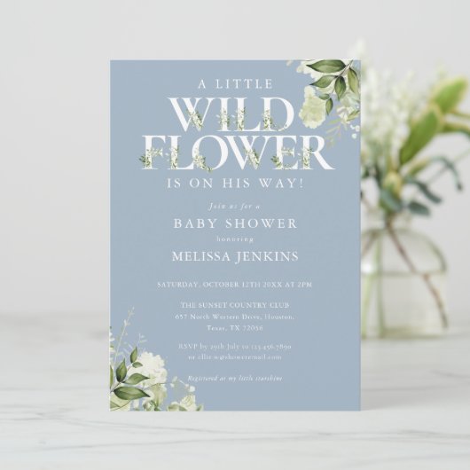 小さな野花の青い緑の少年の赤ちゃんシャワー 招待状 (スタンド正面)