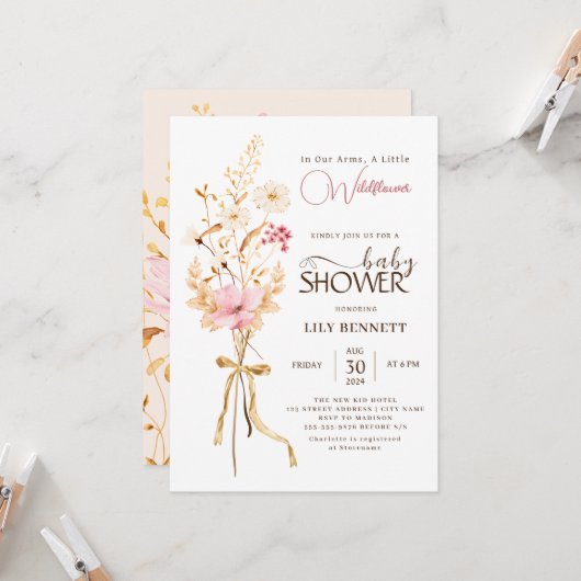 小さな野花ボホ素朴自然赤ちゃんシャワー 招待状 (正面/裏面インサイチュ)