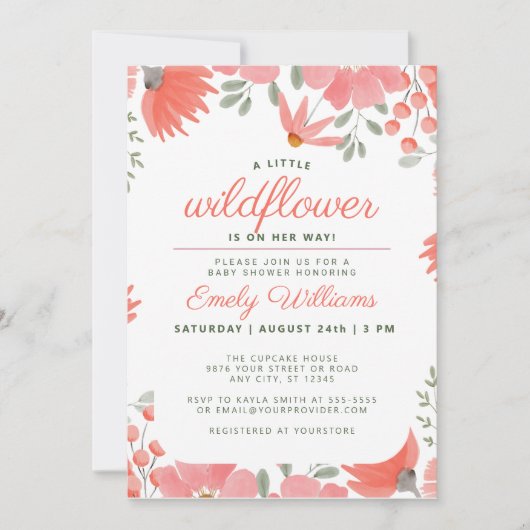 小さな野花女の子ピーチ赤ちゃんシャワー 招待状 (正面)