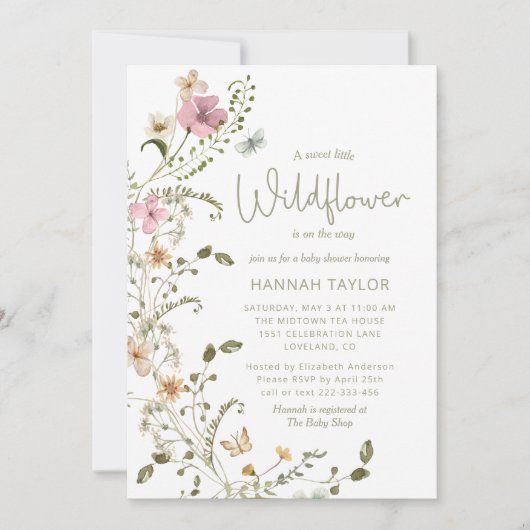 小さな野花少女セージ緑の赤ちゃんシャワー 招待状 (正面)