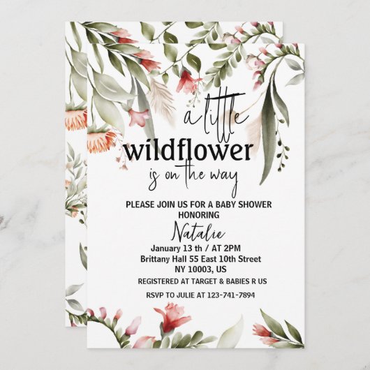 小さな野草のベビーシャワー招待状 招待状 (正面/裏面)
