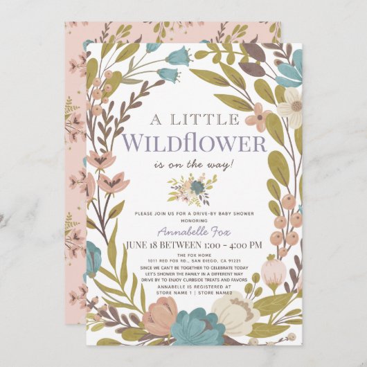 小さな野草の女の子の車で赤ちゃんシャワー 招待状 (正面/裏面)