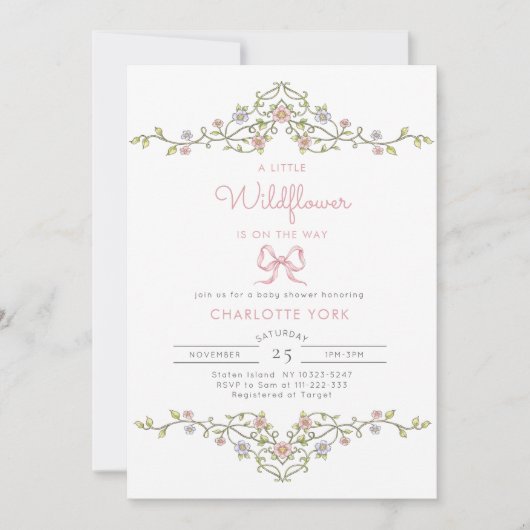 小さな野草の庭は赤ちゃんシャワーを弓を振る 招待状 (正面)