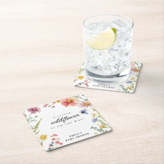 小さな野草の赤ちゃんシャワー スクエアペーパーコースター (インサイチュ)