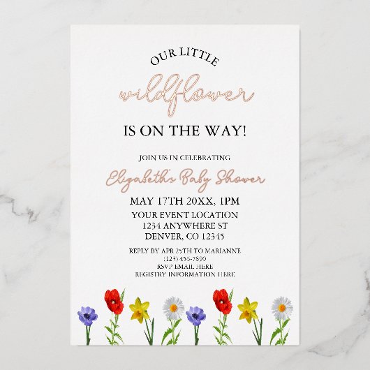 小さな野草の赤ちゃんシャワー 箔招待状 (正面)