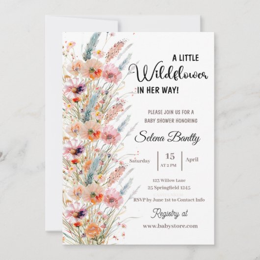 小さな野草の赤ん坊の女の子シャワーピンク 招待状 (正面)