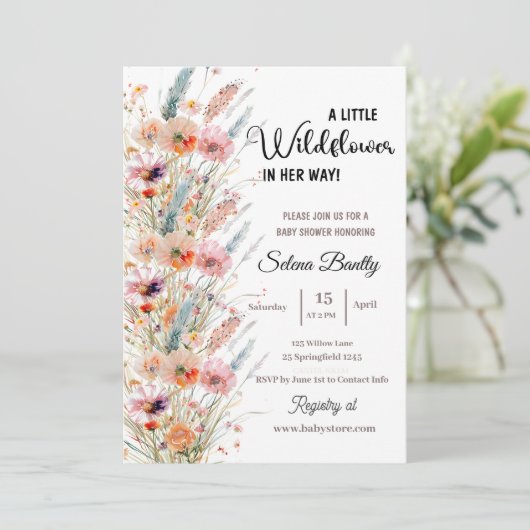 小さな野草の赤ん坊の女の子シャワーピンク 招待状 (スタンド正面)