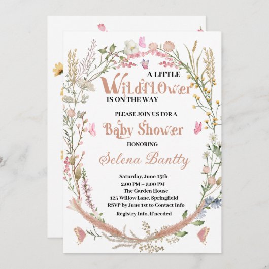 小さな野草の赤ん坊の女の子シャワー 招待状 (正面/裏面)