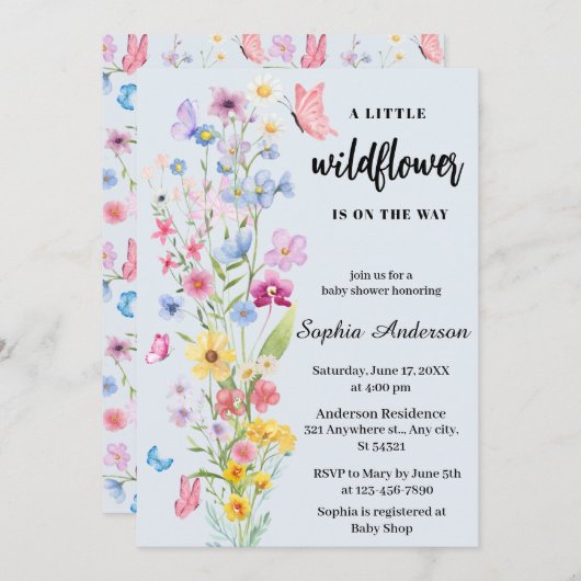 小さな野草の青い赤ちゃんシャワー 招待状 (正面/裏面)