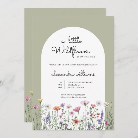 小さな野草セージ緑の赤ちゃんシャワー 招待状 (正面/裏面)