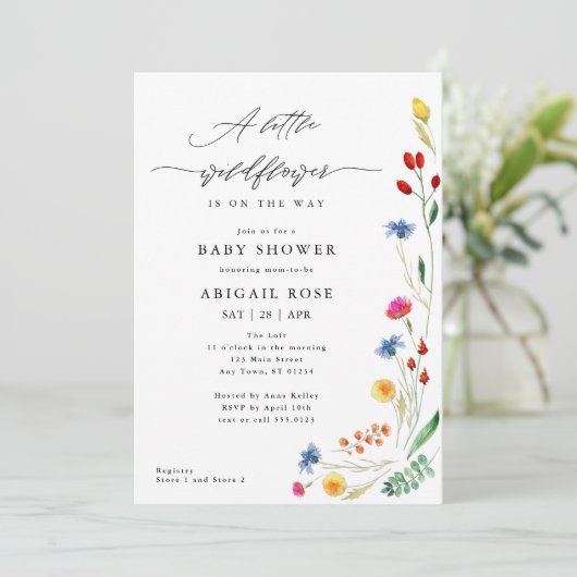 小さな野草花の赤ん坊のシャワー、牧草地の野草 招待状 (スタンド正面)