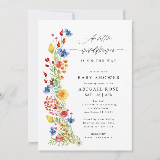 小さな野草花の赤ん坊のシャワー、牧草地の野草 招待状 (正面)