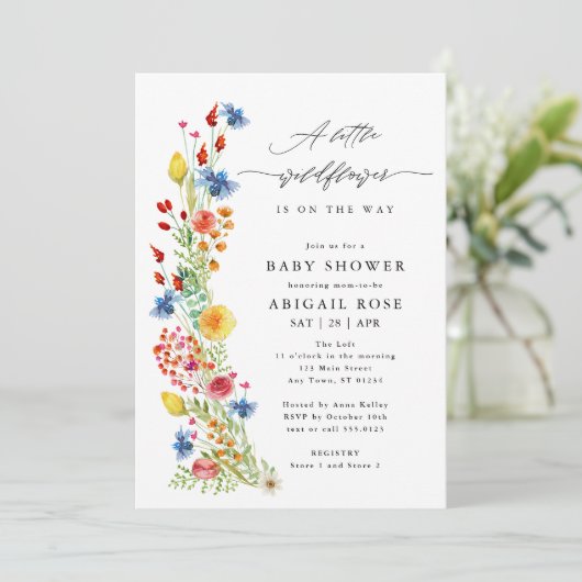 小さな野草花の赤ん坊のシャワー、牧草地の野草 招待状 (スタンド正面)