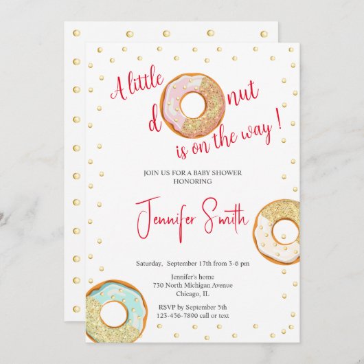 小さな金色のドーナツの赤ちゃんシャワーの招待状 招待状 (正面/裏面)