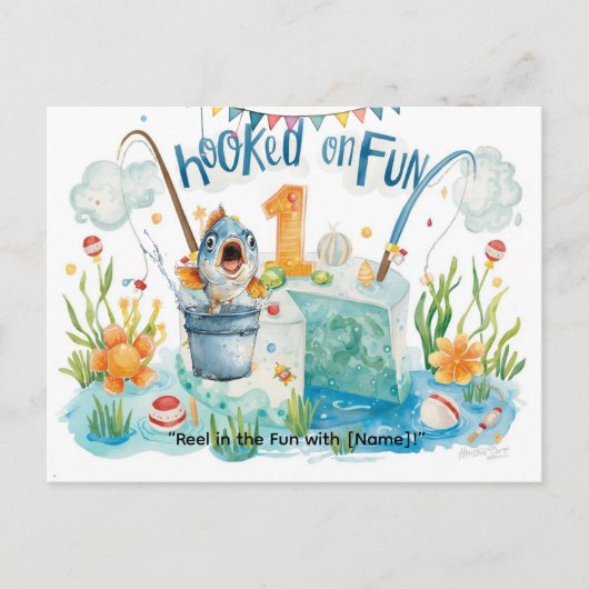 小さな釣り人のパーティーのための釣り1歳誕生日 ポストカード (正面)