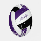 小さな銀の星を持つ紫の黒いバレーボール メタルオーナメント (正面左)